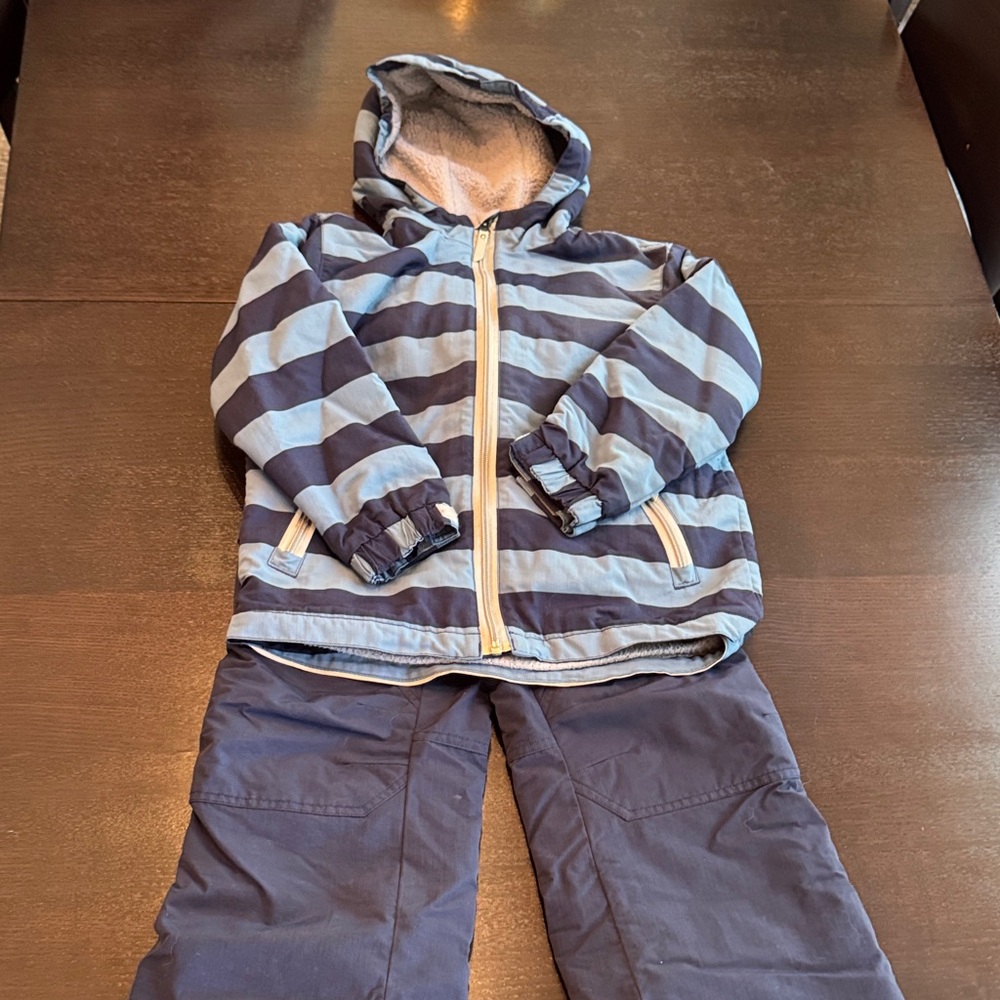 Hanna Andersson Navy and Light Blue Striped Jacket with navy snow pants